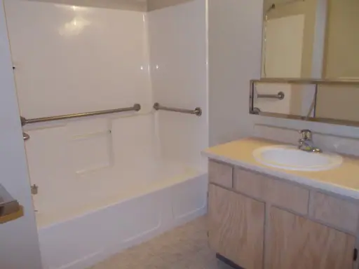 Bathtub with grab bars beside the vanity
