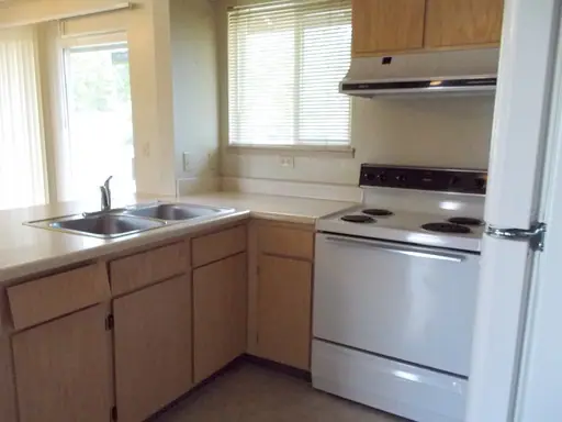 Kitchen with a double sink under a window and an electric range