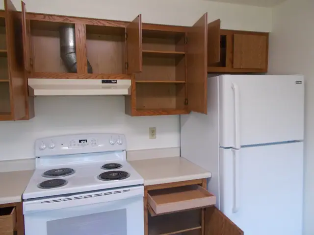 Kitchen cabinets open to show their shelves, beside the range and refrigerator