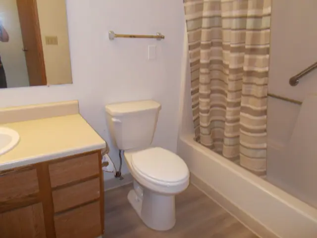 Bathroom with a wood vanity, a tub with grab bars and wood-look flooring