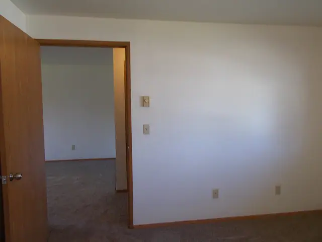 Doorway between two carpeted rooms, with a wood door
