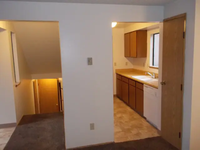 Entry with stairs going down and a kitchen through the doorway