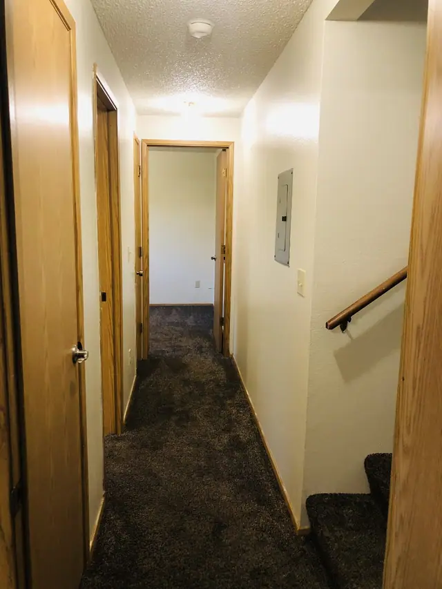 Carpeted hallway with stairs and a handrail