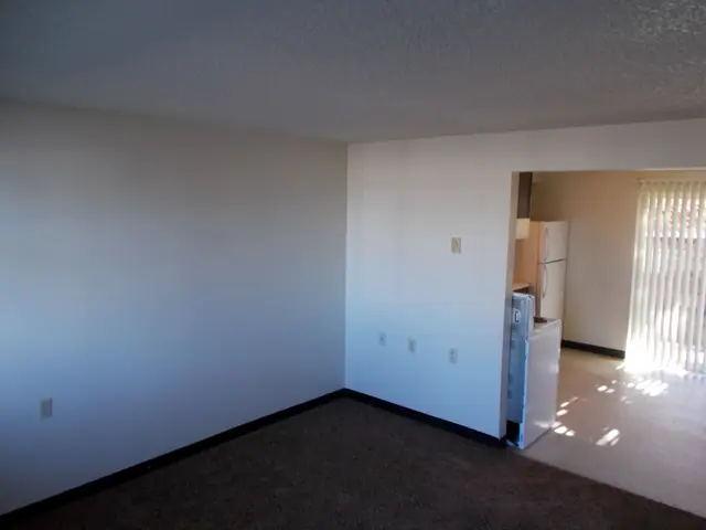 Empty living room with carpet, open to the kitchen