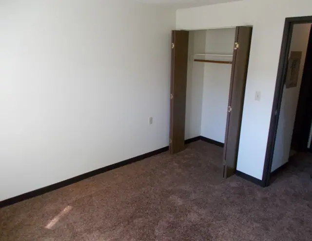 Empty bedroom with carpet and an open closet