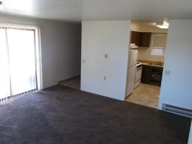 Living room with carpet and a sliding door, open to the kitchen