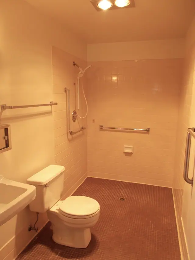 Bathroom with a roll-in shower and grab bars
