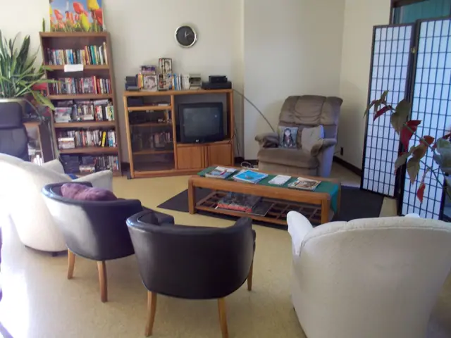 Community room with a bookcase, a television and armchairs