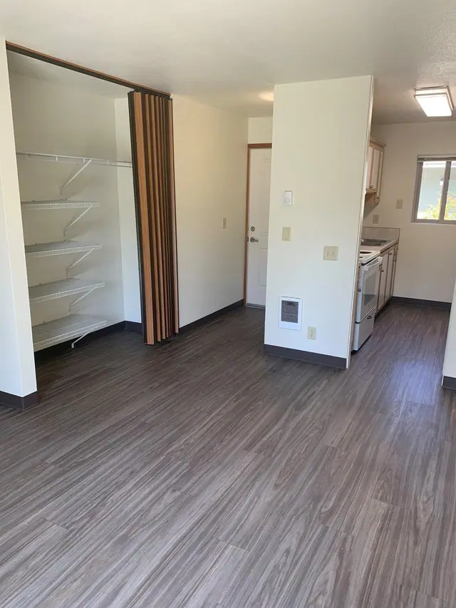 Hallway with a shelved closet, opening to the kitchen