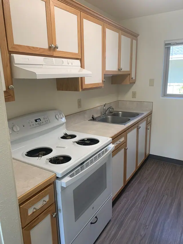 Kitchen with an electric range, a double sink and a window