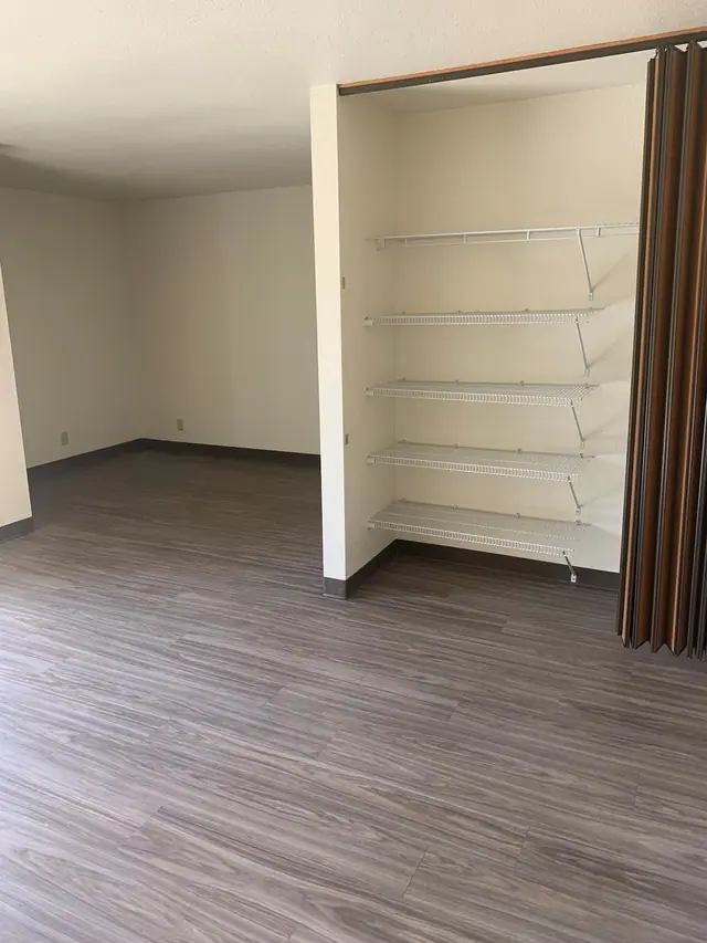 Bedroom with wood-look flooring and a shelved closet