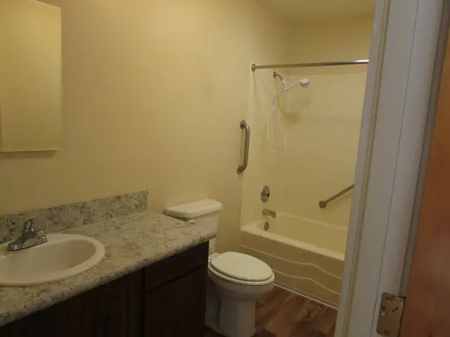 Bathroom with a tub, grab bars, a hand-held shower and a vanity