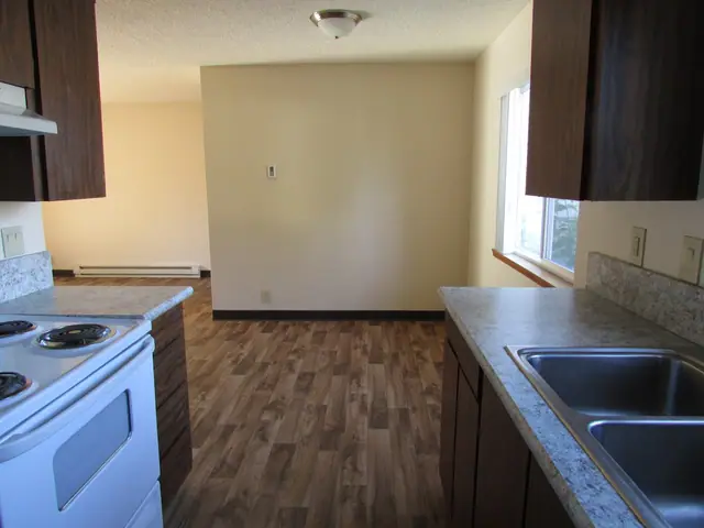 Kitchen with an electric range and a double sink, open to the dining area