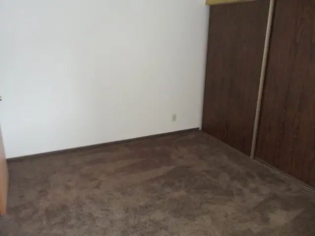 Empty bedroom with carpet and a sliding closet door