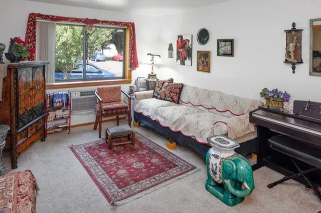 Living room with a sofa, a piano and a rug