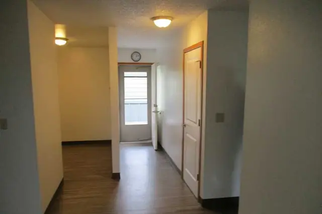 Hallway with wood-look flooring to a back door