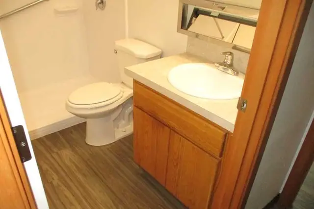Bathroom with a wood vanity and wood-look flooring