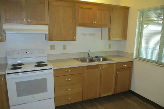 Kitchen with an electric range, a double sink and a window